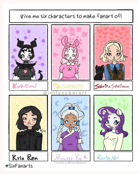 Size: 1080x1350 | Tagged: safe, artist:jellysugarart, derpibooru import, rarity, anthro, cat, human, unicorn, six fanarts, avatar the last airbender, braid, bust, clothes, crossover, ear piercing, female, humanized, kuromi, kylo ren, male, my melody, piercing, princess yue, sabrina spellman, sabrina the teenage witch, sanrio, star wars