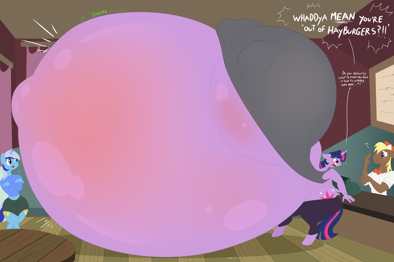 Size: 3600x2400 | Tagged: questionable, artist:necrofeline, derpibooru import, minuette, twilight sparkle, twilight sparkle (alicorn), alicorn, anthro, earth pony, unicorn, series:twipreg, angry, belly, belly blush, belly button, big belly, big breasts, breasts, busty twilight sparkle, cash register, clothes, cross-popping veins, erect nipples, female, huge belly, huge breasts, hyper, hyper belly, hyper pregnancy, impossibly large belly, impossibly large breasts, mare, midriff, nipple outline, outie belly button, pants, preglight sparkle, pregnant, restaurant, stomach noise, sweatpants, tanktop, twilight burgkle, twilight has a big ass, yelling