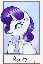 Size: 873x1292 | Tagged: safe, alternate version, artist:_caffeine_queen, derpibooru import, rarity, pony, unicorn, six fanarts, bust, cropped, eyelashes, female, mare, smiling, underhoof