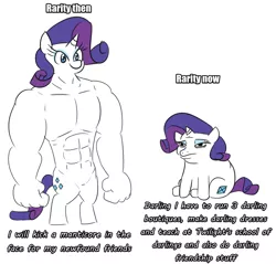 Size: 852x813 | Tagged: safe, artist:jargon scott, derpibooru import, rarity, anthro, pony, unicorn, darling, meme, muscles, ponified meme, ripped rarity, simple background, solo, text, then and now, white background