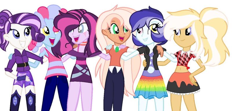 Size: 1280x616 | Tagged: safe, artist:thecyborgartist, derpibooru import, oc, oc:bubble storm, oc:caramel jersey, oc:fizzy pop, oc:gemstone, oc:glitter strike, oc:sweet apple, unofficial characters only, equestria girls, belly button, belt, boots, choker, clothes, derp, dress, eye scar, female, freckles, heterochromia, jacket, magical lesbian spawn, midriff, next generation, off shoulder, offspring, pants, parent:applejack, parent:big macintosh, parent:derpy hooves, parent:fluttershy, parent:pinkie pie, parent:pokey pierce, parent:rainbow dash, parent:tempest shadow, parent:trenderhoof, parent:twilight sparkle, parents:derpydash, parents:fleurity, parents:fluttermac, parents:pokeypie, parents:tempestlight, parents:trenderjack, plaid, scar, shirt, shoes, shorts, simple background, skirt, t-shirt, thigh boots, white background