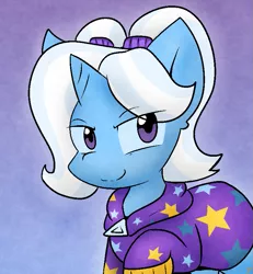 Size: 747x807 | Tagged: safe, artist:zutcha, derpibooru import, trixie, pony, unicorn, alternate hairstyle, babysitter trixie, clothes, gameloft interpretation, hoodie, smiling, solo