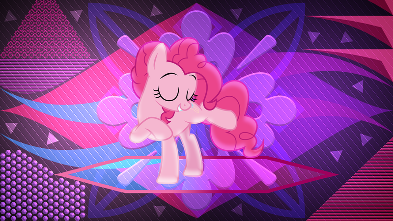 Size: 3840x2160 | Tagged: safe, artist:illumnious, artist:laszlvfx, derpibooru import, edit, pinkie pie, earth pony, pony, abstract background, balancing, cute, eyes closed, female, high res, mare, raised eyebrow, smiling, solo, wallpaper, wallpaper edit