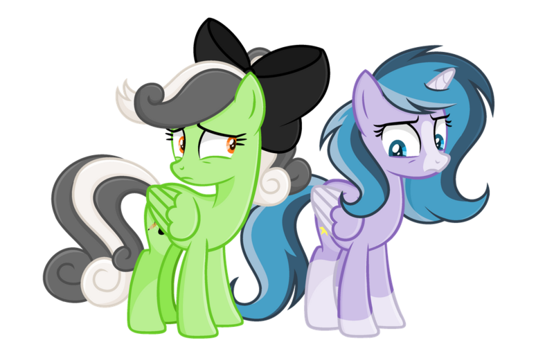 Size: 1024x658 | Tagged: safe, artist:sapphiretwinkle, derpibooru import, oc, oc:glitter sparkles, oc:ivy whistle, unofficial characters only, alicorn, pegasus, pony, bow, female, frown, hair bow, mare, simple background, transparent background