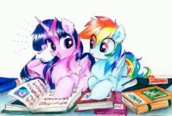 Size: 3412x2306 | Tagged: safe, artist:liaaqila, derpibooru import, rainbow dash, twilight sparkle, twilight sparkle (alicorn), alicorn, pegasus, pony, book, cute, dashabetes, duo, duo female, egghead, egghead dash, female, mare, prone, reading, simple background, traditional art, twiabetes