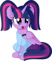 Size: 6190x7263 | Tagged: safe, artist:cyanlightning, derpibooru import, twilight sparkle, twilight sparkle (alicorn), alicorn, pony, .svg available, alternate hairstyle, clothes, cute, ear fluff, female, folded wings, mare, off shoulder, off shoulder sweater, open mouth, pigtails, simple background, sitting, skirt, solo, sweater, transparent background, twiabetes, twintails, vector, wings