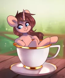 Size: 1496x1772 | Tagged: safe, artist:sugarstar, derpibooru import, oc, oc:morning coffee, unofficial characters only, pony, unicorn, cup, cup of pony, cute, female, gilded, gold rims, horn, looking away, mare, micro, rcf community, saucer, sitting