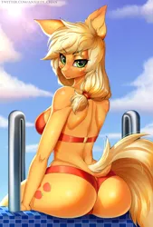 Size: 2068x3059 | Tagged: anthro, applebutt, applejack, artist:anxiety-chan, bikini, bikini bottom, breasts, busty applejack, butt, butt freckles, clothes, derpibooru import, ear freckles, female, freckles, looking at you, looking back, looking back at you, looking over shoulder, mare, panties, partial nudity, red bra, red panties, red underwear, shoulder freckles, smiling, solo, suggestive, sun, swimming pool, swimsuit, underwear