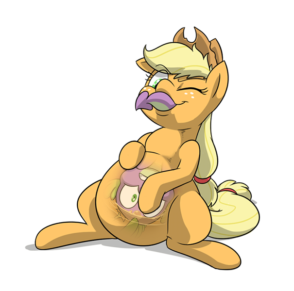 Size: 2146x2130 | Tagged: questionable, artist:mickeymonster, derpibooru import, applejack, spike, dragon, earth pony, pony, abdominal bulge, abuse, applejack's hat, belly, big belly, cowboy hat, cropped, endosoma, female, fetish, hat, looking down, mare, one eye closed, predajack, sitting, smiling, spikeabuse, spikeprey, stomach acid, tail sticking out, vore, wink, x-ray