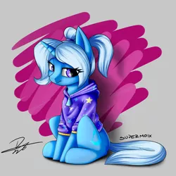 Size: 3300x3300 | Tagged: safe, artist:supermoix, derpibooru import, trixie, pony, unicorn, abstract background, alternate hairstyle, babysitter trixie, clothes, female, gameloft, gameloft interpretation, high res, hoodie, mare, ponytail, sitting, solo