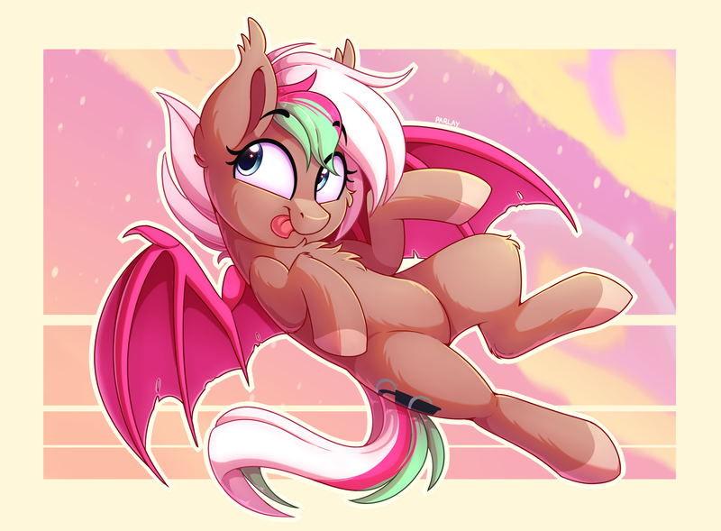 Size: 1863x1371 | Tagged: safe, artist:thegamblehorse, deleted from derpibooru, derpibooru import, oc, oc:data breach, unofficial characters only, bat pony, pony, :p, bat pony oc, bat wings, chest fluff, colored hooves, cute, female, mare, pink wings, solo, tongue out, wings