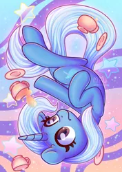 Size: 1600x2264 | Tagged: safe, artist:musicfirewind, derpibooru import, trixie, pony, unicorn, cup, cute, diatrixes, female, mare, solo, stars, teacup, upside down