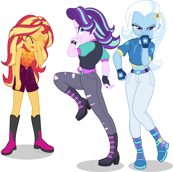 Size: 4579x4560 | Tagged: safe, artist:limedazzle, derpibooru import, starlight glimmer, sunset shimmer, trixie, equestria girls, absurd resolution, anime, battle tendency, belt, blue eyes, blue skin, boots, clothes, eyes closed, facepalm, fingerless gloves, gloves, jeans, jojo reference, jojo's bizarre adventure, open mouth, pants, pose, purple eyes, purple skin, raised leg, reference, shoes, shorts, simple background, tomboy, transparent background, watch, yellow skin