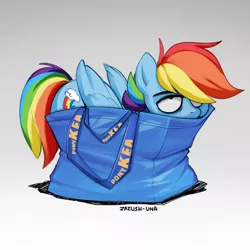 Size: 1280x1280 | Tagged: safe, artist:hattiezazu, artist:zazush-una, derpibooru import, rainbow dash, pegasus, pony, backwards cutie mark, bag, behaving like a cat, explicit source, female, folded wings, if i fits i sits, ikea, image, jpeg, mare, pony in a bag, ponykea, rainbow dash is not amused, shopping bag, shopping bags, solo, unamused, wings