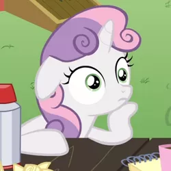 Size: 500x500 | Tagged: safe, derpibooru import, screencap, sweetie belle, pony, unicorn, ponyville confidential, cropped, exploitable meme, female, filly, image macro, meme, meme origin, meme template, obligatory pony, solo, sudden clarity sweetie belle