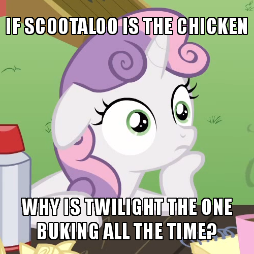 Size: 500x500 | Tagged: bookhorse, caption, chickun, cropped, crossing the memes, derpibooru import, edit, edited screencap, exploitable meme, faic, forced meme, image macro, meme, misspelling, obligatory pony, ponyville confidential, pun, safe, screencap, solo, sudden clarity sweetie belle, sweetie belle, text