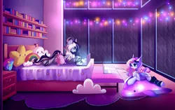 Size: 6666x4180 | Tagged: safe, artist:airiniblock, derpibooru import, oc, oc:rouge, oc:spectral prism, unofficial characters only, bat pony, bat pony oc, bat wings, bed, bookshelf, computer, laptop computer, rain, rcf community, shark plushie, window, wings