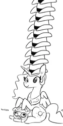 Size: 1080x2160 | Tagged: safe, artist:tjpones, derpibooru import, edit, princess celestia, twilight sparkle, alicorn, pony, unicorn, black and white, cowboy hat, duo, female, filly, grayscale, hat, impossibly many hats, mare, monochrome, ponies riding ponies, riding, role reversal, simple background, twiggie, weh, white background, yeehaw