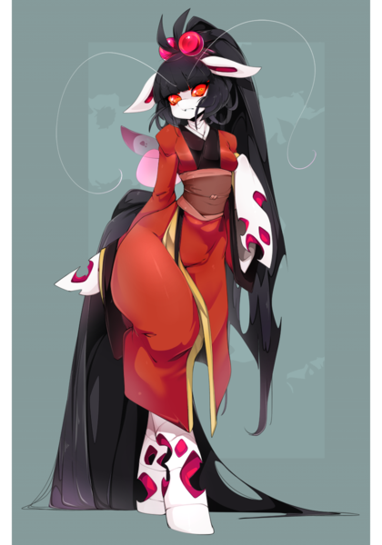 Size: 840x1200 | Tagged: abstract background, albino changeling, alternate version, anthro, artist:slugbox, changeling, changeling queen, changeling queen oc, clothes, derpibooru import, female, kimono (clothing), oc, safe, solo, unguligrade anthro, unofficial characters only