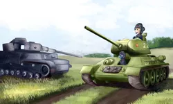 Size: 2500x1500 | Tagged: safe, artist:bacbko, derpibooru import, oc, unofficial characters only, pony, equestria at war mod, clothes, field, hearts of iron 4, helmet, panzer iv, t-34, tank (vehicle), uniform, world war ii