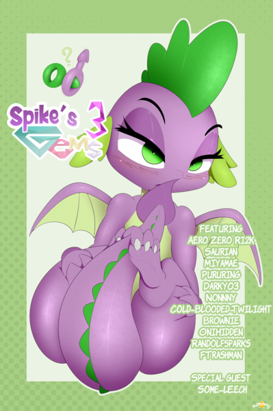 Size: 1331x2000 | Tagged: artist:n0nnny, art pack, art pack:spike's gems 3, bedroom eyes, blushing, blush sticker, covering mouth, derpibooru import, dragon, looking at you, lying down, male, on back, solo, solo male, spike, spread wings, suggestive, tail, wings