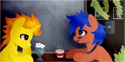 Size: 1267x631 | Tagged: safe, artist:mshyyy, derpibooru import, oc, oc:griffin, oc:oilyvalves, unofficial characters only, pegasus, unicorn, cafe, hot drink, milkshake, table