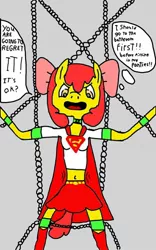 Size: 750x1200 | Tagged: angry, anthro, apple bloom, artist needed, bloomsub, bondage, chained, derpibooru import, desperation, female, femsub, fetish, kryptonite, need to pee, potty time, safe, shackles, submissive, superfilly, urine, watersports
