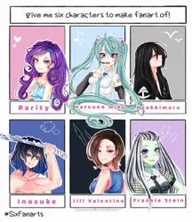 Size: 1036x1200 | Tagged: safe, artist:pollaedraws, derpibooru import, human, six fanarts, equestria girls, bust, clothes, crossover, demon slayer, dororo, femboy, frankie stein, hashibira inosuke, hatsune miku, headworn microphone, humanized, jill valentine, long hair, male, monster high, necktie, resident evil, sword, vocaloid, weapon