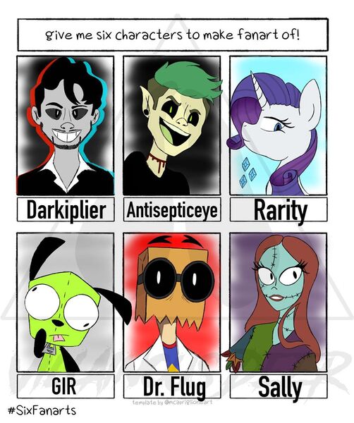 Size: 1080x1290 | Tagged: semi-grimdark, artist:vdking13, derpibooru import, rarity, oc, oc:darkiplier, dog, human, pony, unicorn, six fanarts, :p, blood, bust, crossover, derp, dr. flug, female, gir, goggles, invader zim, jacksepticeye, male, mare, open mouth, paper bag, sally skellington, smiling, stitches, the nightmare before christmas, tongue out