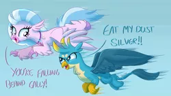 Size: 1920x1080 | Tagged: safe, artist:sintakhra, derpibooru import, gallus, silverstream, classical hippogriff, gryphon, hippogriff, tumblr:studentsix, chest fluff, cute, diastreamies, duo, female, flying, gallabetes, male, racing, simple background, stair keychain, wings