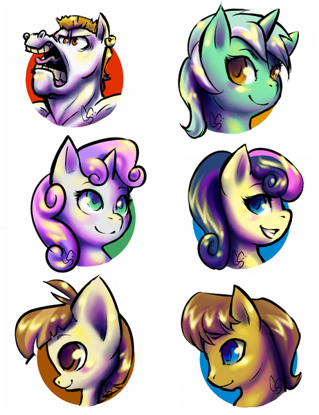 Size: 769x1000 | Tagged: safe, artist:tentabuddies-n-co, derpibooru import, bon bon, bulk biceps, caramel, featherweight, lyra heartstrings, sweetie belle, sweetie drops, pony, background pony, bust, colored pupils, colt, female, filly, male, mare, open mouth, portrait, profile, simple background, stallion, white background