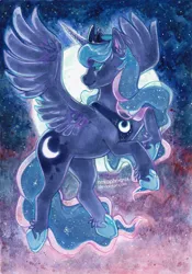 Size: 650x926 | Tagged: safe, artist:nekophoenix, derpibooru import, princess luna, alicorn, pony, copic, female, full moon, lidded eyes, mare, moon, night, signature, sky, smiling, solo, spread wings, traditional art, watercolor painting, wings