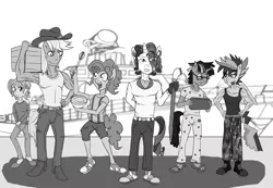 Size: 2008x1390 | Tagged: alternate version, anthro, applejack, applejack (male), artist:urhangrzerg, bubble berry, butterscotch, comic:rogue diamond, derpibooru import, dusk shine, elusive, fluttershy, grayscale, male, mane six, man six, monochrome, muscles, pinkie pie, rainbow blitz, rainbow dash, rarity, rule 63, safe, twilight sparkle