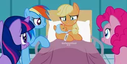 Size: 540x275 | Tagged: safe, artist:vibesofdash, derpibooru import, edit, edited screencap, screencap, applejack, pinkie pie, rainbow dash, twilight sparkle, oc, oc:zap, earth pony, pegasus, pony, unicorn, appledash, baby, baby pony, base used, crying, female, lesbian, magical lesbian spawn, offspring, parent:applejack, parent:rainbow dash, parents:appledash, shipping, tears of joy