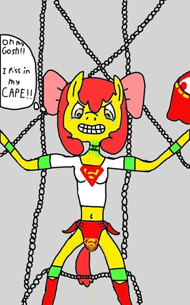 Size: 640x1024 | Tagged: anthro, apple bloom, artist needed, bondage, breasts, cape, chains, clothes, derpibooru import, desperation, diaper, diaper fetish, fetish, jewelry, kryptonite, necklace, need to pee, omorashi, peeing on capes, pissing, potty emergency, potty time, questionable, shackles, superfilly, urine