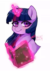 Size: 613x870 | Tagged: safe, artist:riukime, derpibooru import, twilight sparkle, pony, book, bust, female, glowing horn, horn, looking at you, magic, mare, signature, simple background, smiling, solo, telekinesis, white background