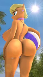 Size: 1687x3000 | Tagged: 3d, annoyed, anthro, artist:jdarts6, beach ball, breasts, busty ms. harshwhinny, collar, derpibooru import, ear piercing, earring, female, jewelry, large butt, lens flare, ms. harshbooty, ms. harshwhinny, piercing, solo, solo female, source filmmaker, string bikini, suggestive, sun, sunlight