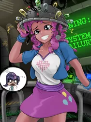 Size: 1536x2048 | Tagged: safe, artist:qzygugu, derpibooru import, pinkie pie, sci-twi, twilight sparkle, equestria girls, feeling pinkie keen, ..., clothes, equestria girls interpretation, female, human coloration, machinery, scene interpretation, science, science lab, skirt, smiling, starry eyes, system failure, teardrop, twilight's lab, wingding eyes