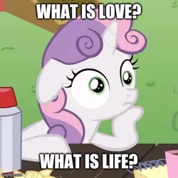 Size: 500x500 | Tagged: caption, cropped, derpibooru import, edit, edited screencap, exploitable meme, image macro, meme, obligatory pony, ponyville confidential, safe, screencap, solo, sudden clarity sweetie belle, sweetie belle, text