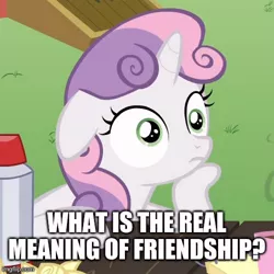 Size: 500x500 | Tagged: caption, cropped, derpibooru import, edit, edited screencap, exploitable meme, image macro, meme, obligatory pony, ponyville confidential, safe, screencap, solo, sudden clarity sweetie belle, sweetie belle, text