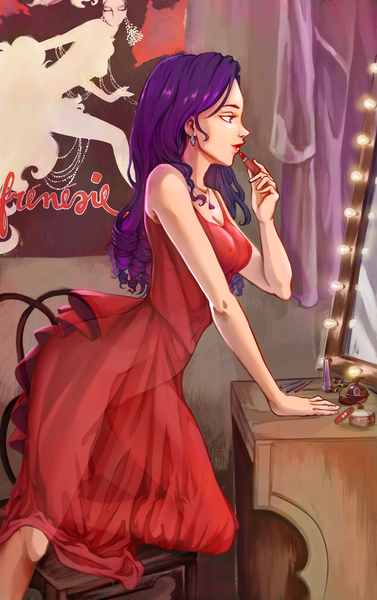 Size: 1884x3000 | Tagged: artist:ronna, artist:tarakanovich, breasts, chair, clothes, curtain, derpibooru import, dress, ear piercing, earring, edit, fanfic:crimson lips, human, humanized, jewelry, lipstick, makeup, mirror, necklace, piercing, poster, questionable, rarity, see-through, sleeveless, solo, traditional art, vanity