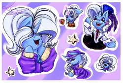 Size: 1280x864 | Tagged: safe, artist:sheillyde, derpibooru import, trixie, pony, unicorn, alternate hairstyle, babysitter trixie, bust, clothes, eyes closed, gameloft, gameloft interpretation, hoodie, multeity, open mouth, pigtails, solo
