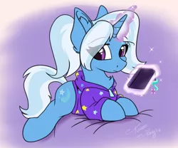 Size: 1032x860 | Tagged: safe, artist:aurorafang, derpibooru import, trixie, pony, unicorn, alternate hairstyle, babysitter trixie, chest fluff, clothes, ear fluff, eye clipping through hair, female, gameloft, gameloft interpretation, glowing horn, hoodie, horn, implied starlight glimmer, jacket, lying down, magic, magic aura, mare, mobile phone, phone, phone charm, pigtails, ponytail, smartphone, solo, sparkles, telekinesis, twintails