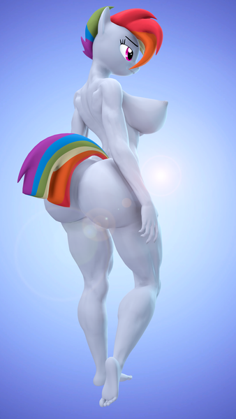 Size: 1800x3200 | Tagged: 3d, alternate timeline, anthro, artist:jdarts6, big breasts, blue background, breasts, busty rainbow dash, butt, complete nudity, crystal war timeline, derpibooru import, feet, female, large butt, lens flare, muscles, muscular female, nipples, nudity, pegasus, plantigrade anthro, questionable, rainbow dash, rainbutt dash, serious, serious face, simple background, solo, solo female, source filmmaker, toned, toned female