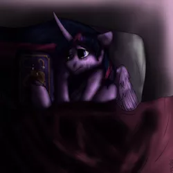 Size: 2000x2000 | Tagged: safe, artist:mikeyboo, derpibooru import, twilight sparkle, twilight sparkle (alicorn), alicorn, pony, bed, book, caption, crying, female, future, immortality blues, mare, sad, scrapbook, solo, text