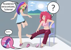 Size: 800x567 | Tagged: artist:hofit-mil, barefoot, breasts, derpibooru import, feet, fetish, foot fetish, human, humanized, micro, pinkie pie, rainbow dash, sandals, suggestive, trapped in shoe, twilight sparkle