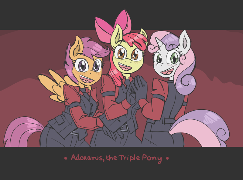 Size: 897x666 | Tagged: anthro, apple bloom, artist:caroo, blushing, blush sticker, cerberus (helltaker), cute, cutie mark crusaders, derpibooru import, helltaker, looking at you, open mouth, safe, scootaloo, silly, sketch, smiling, sweetie belle, trio