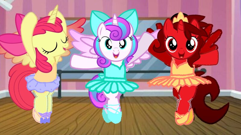 Size: 1920x1080 | Tagged: alicorn, alicorn apple bloom, alicornified, alicorn oc, apple bloom, artist:angrymetal, ballet, ballet dancing, ballet slippers, bipedal, bloomerina, bloomicorn, clothes, dancing ballet, derpibooru import, en pointe, eyes closed, flurryrina, holding hooves, horn, looking at you, oc, oc:princess ruby, older, older flurry heart, princess flurry heart, race swap, raised hoof, safe, tutu, tutus, wings