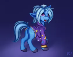 Size: 1378x1081 | Tagged: safe, artist:batsdisaster, derpibooru import, trixie, bat pony, bat pony unicorn, hybrid, pony, unicorn, alternate hairstyle, babysitter trixie, bat ponified, butt, clothes, fangs, female, gameloft, gameloft interpretation, hoodie, horn, looking at you, mare, plot, ponytail, ponytails, race swap, slit eyes, smiling, solo