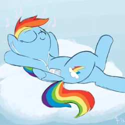 Size: 1000x1000 | Tagged: safe, artist:aa, derpibooru import, rainbow dash, pegasus, pony, cloud, crossed legs, cute, dashabetes, earbuds, eyes closed, headphones, ipod, mp3 player, music, music player, on a cloud, requested art, solo